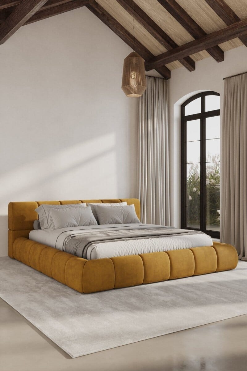 Mirela Mustard Upholstered Platform Bed DUR 