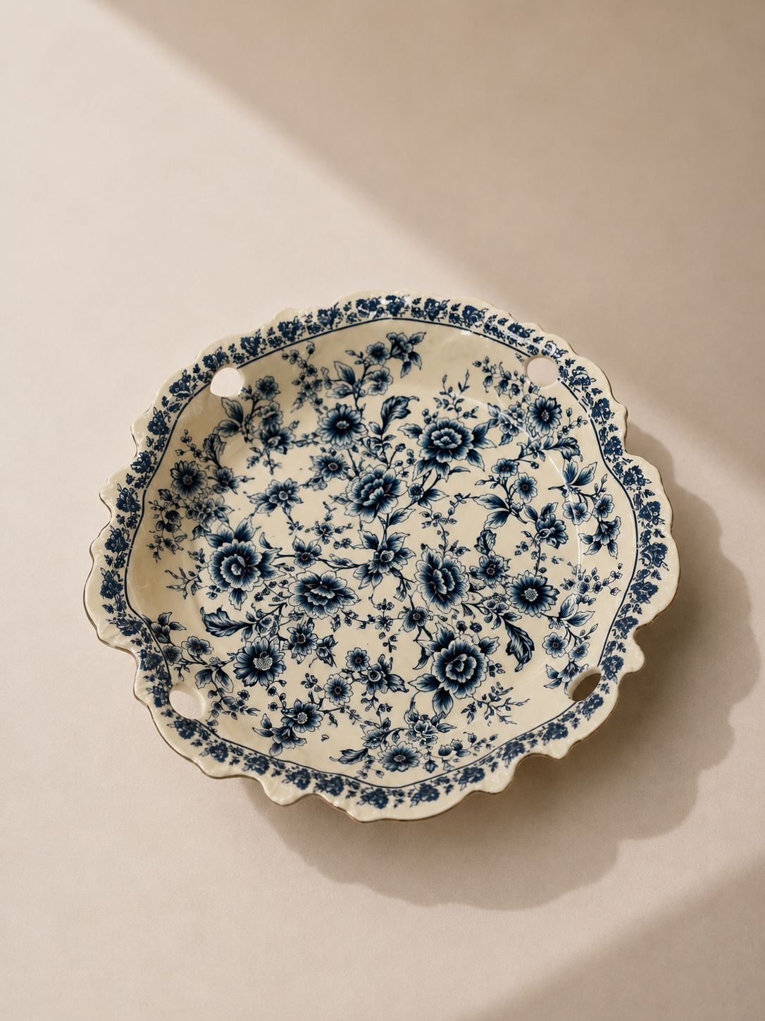 Belvio Cream Blue Floral Pedestal Bowl