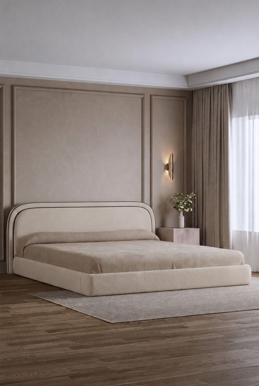 Caelia Beige Upholstered Platform Bed With Black Piping Curved Headboard