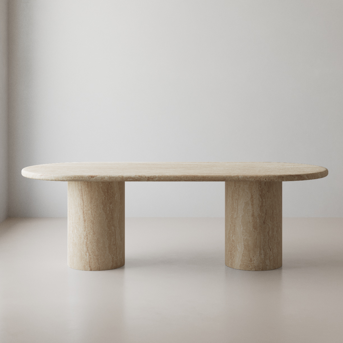 Meliora Oval Travertine Dining Table with Cylindrical Stone Base – Homekode
