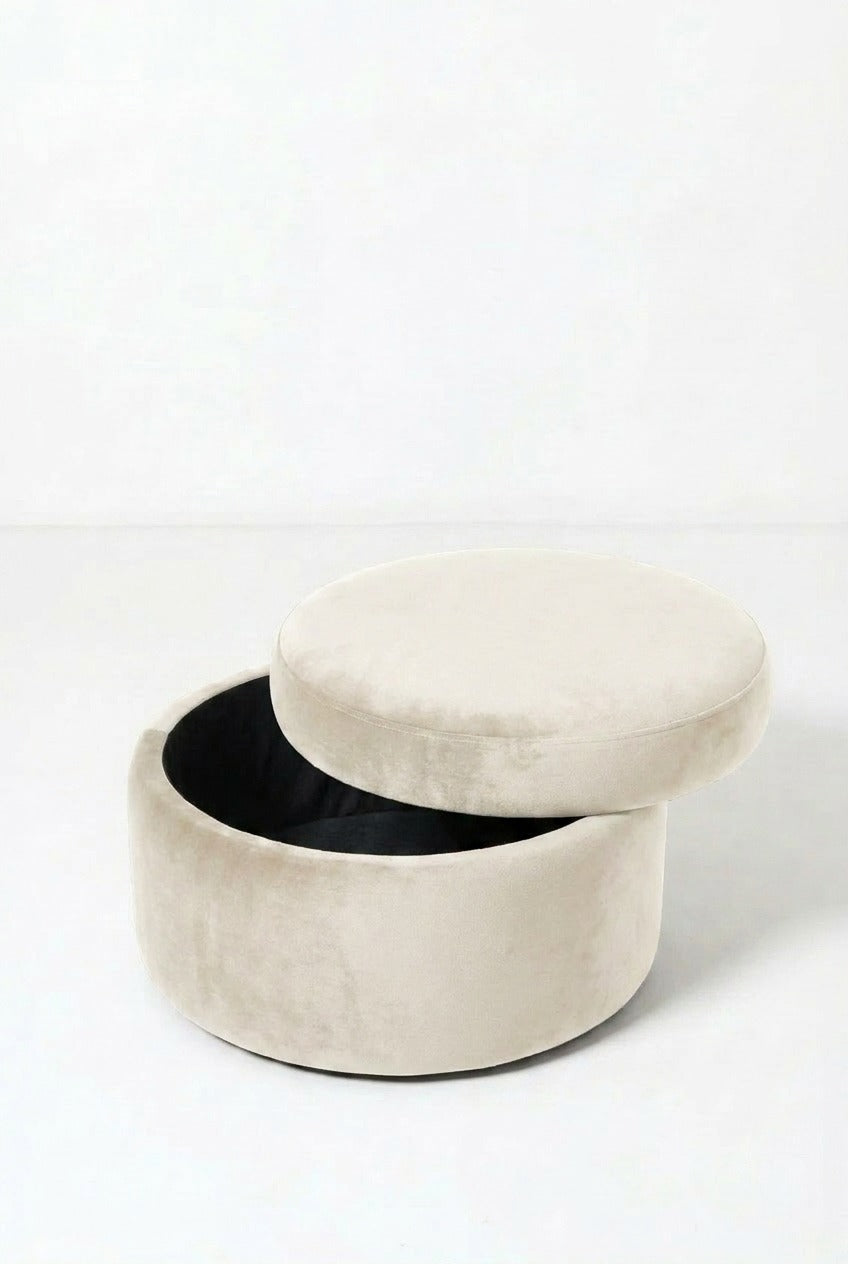 Elira Off White Velvet Boucle Round Storage Pouf (60CMx33CM)