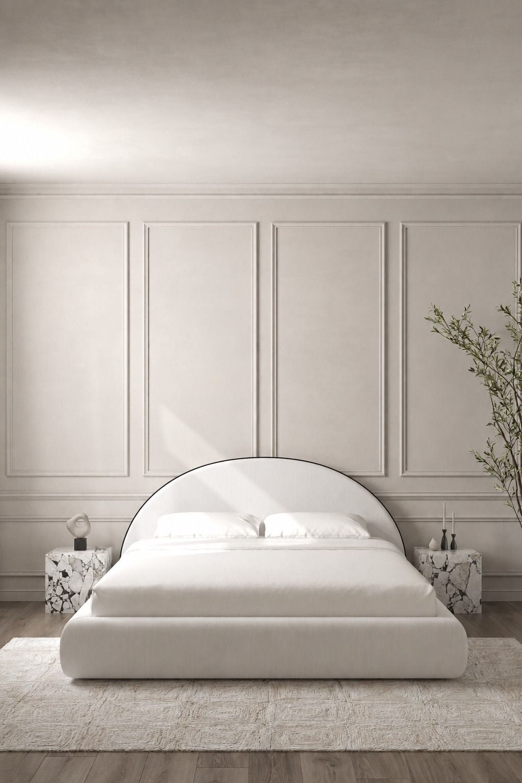 Elodie Stone Ivory Fabric Bed with Black Piping Arch Headboard