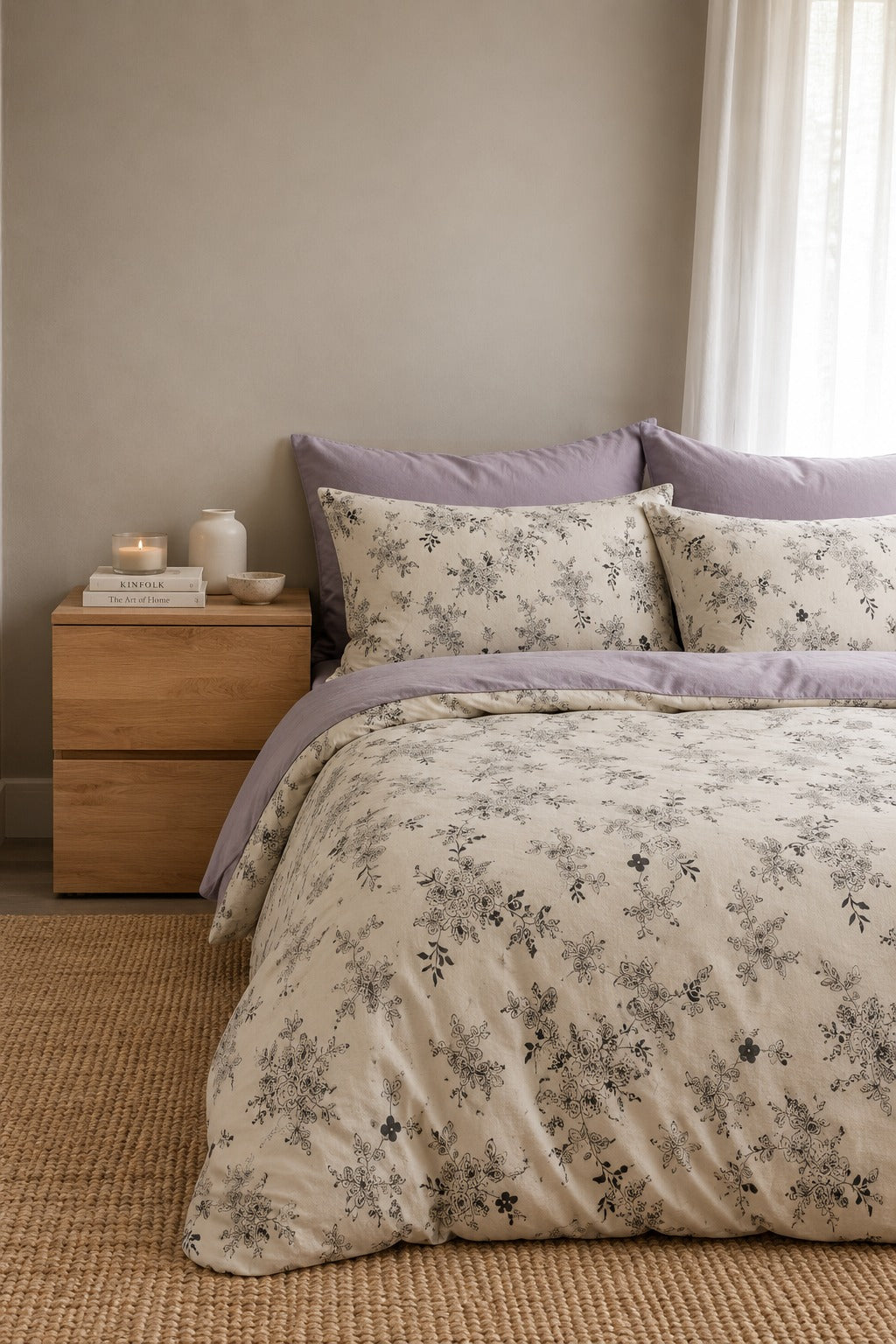 Elyven Ivory Lilac Floral King Bed Sheet, Duvet Cover & Pillowcase Set