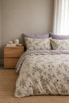 Elyven Ivory Lilac Floral King Bed Sheet, Duvet Cover & Pillowcase Set