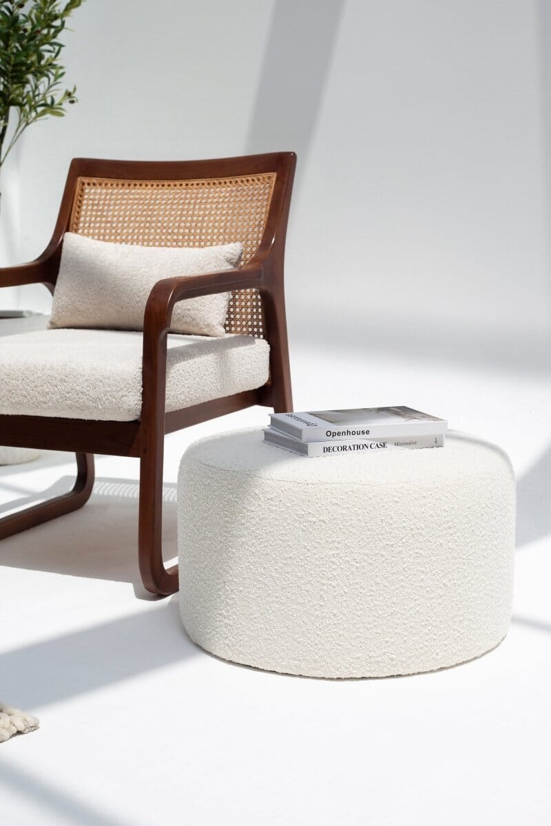 Large Boucle Off White Round Pouf Ottoman 60x33 CM