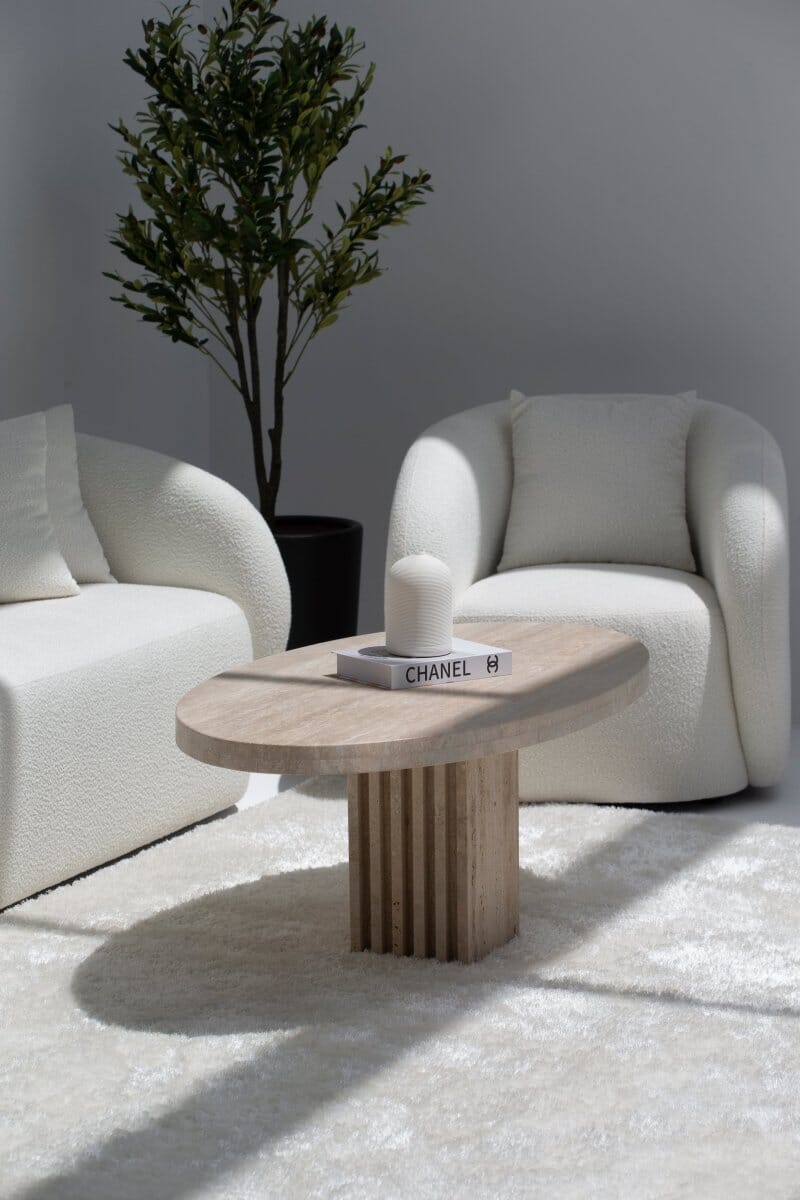 Melina Oval Travertine Coffee Table With Travertine Slat Base MGH 