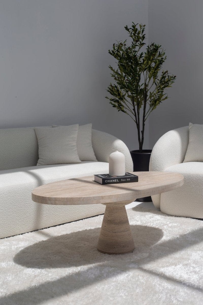 Melina Oval Travertine Coffee Table With Travertine Base L125 x W68 x H42 x 4cm(Top Thickness) Base Orientation 2 