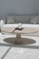 Melina Oval Travertine Coffee Table With Travertine Base MGH 