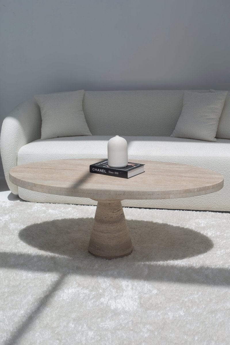 Melina Oval Travertine Coffee Table With Travertine Base MGH 