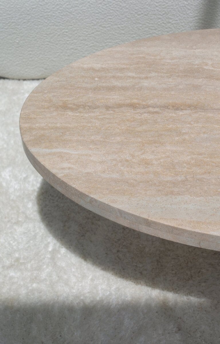 Melina Oval Travertine Coffee Table With Travertine Slat Base MGH 