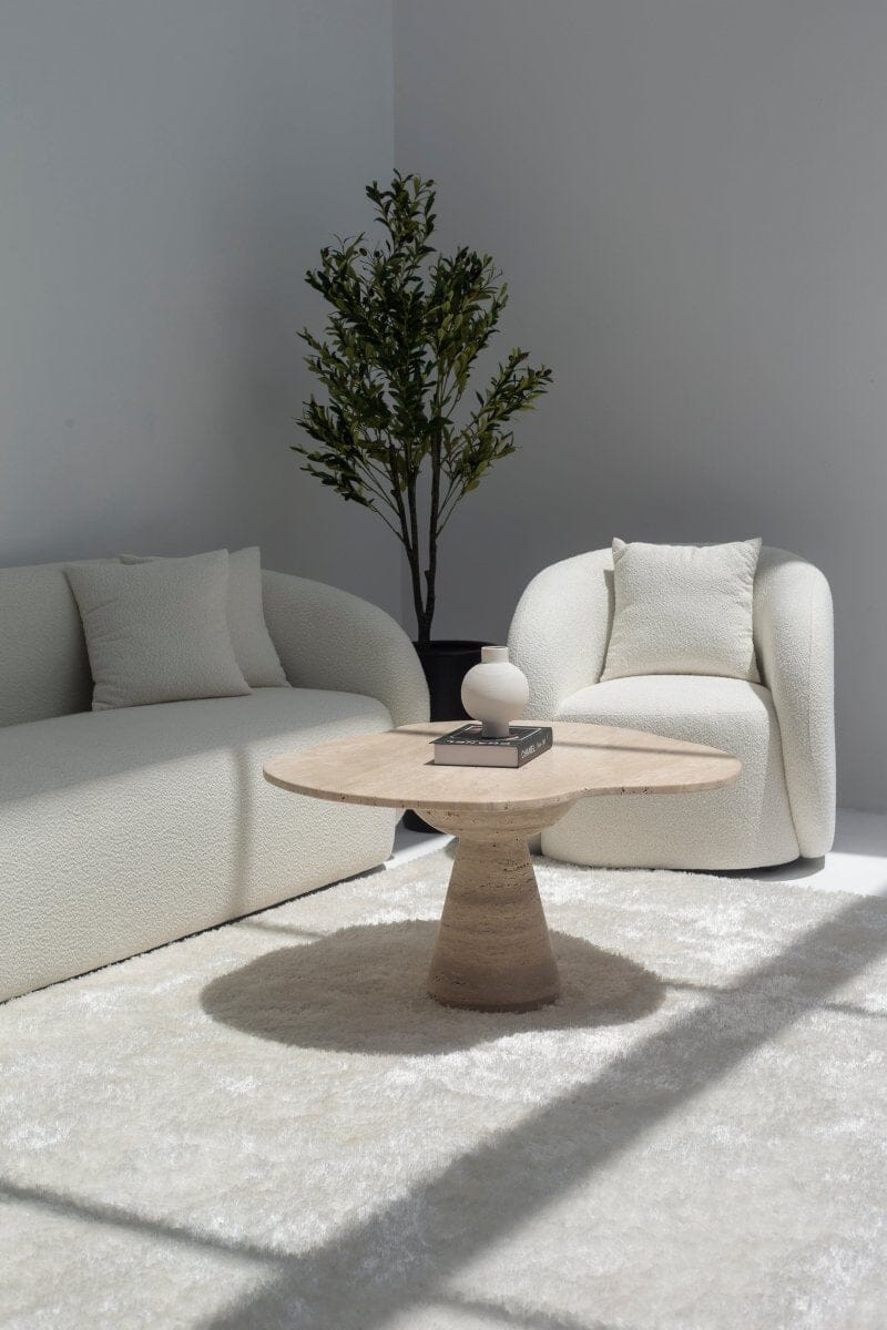 Roma Irregular Travertine Coffee Table with Travertine Base (2 Sizes) MGH 120CM Length x 120CM Width x 42CM Height Base Orientation 2 