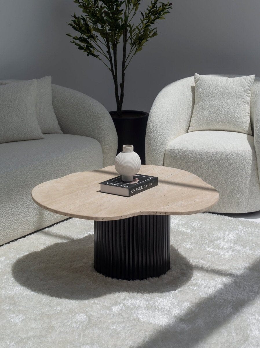 Rhoda Irregular Travertine Coffee Table (4 Base Colors) MGH 90CM Length x 95CM Width x 42CM Height Black 