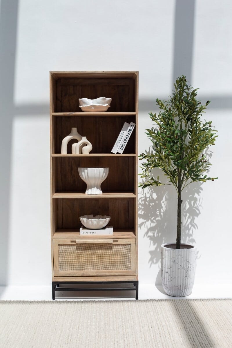 Rattan Mango Wood Bookcase/Shelves with Black Base 