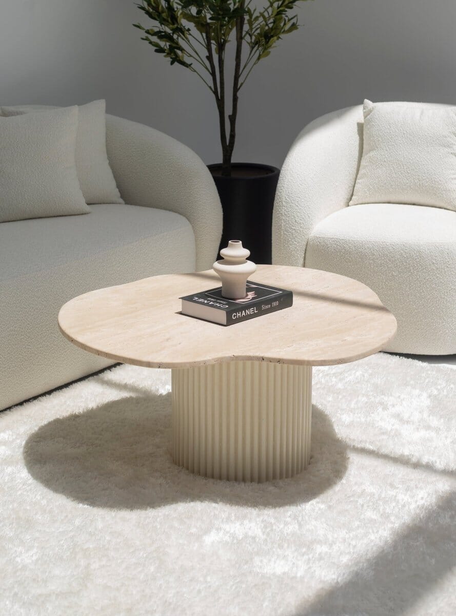 Rhoda Irregular Travertine Coffee Table (4 Base Colors) MGH 90CM Length x 95CM Width x 42CM Height Beige 