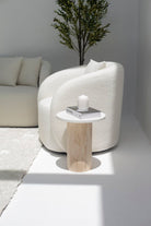 Harriet White Quz Side Table with Travertine Base 