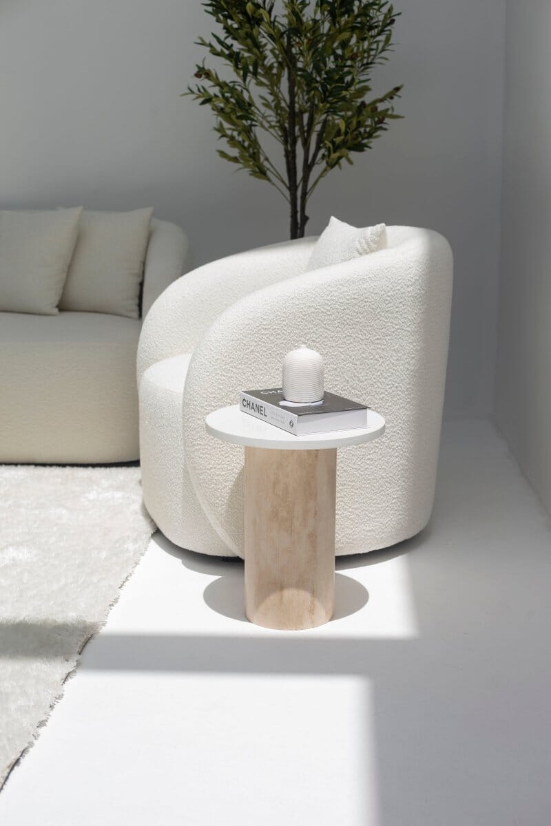 Harriet White Quartz Side Table with Travertine Base MGH 