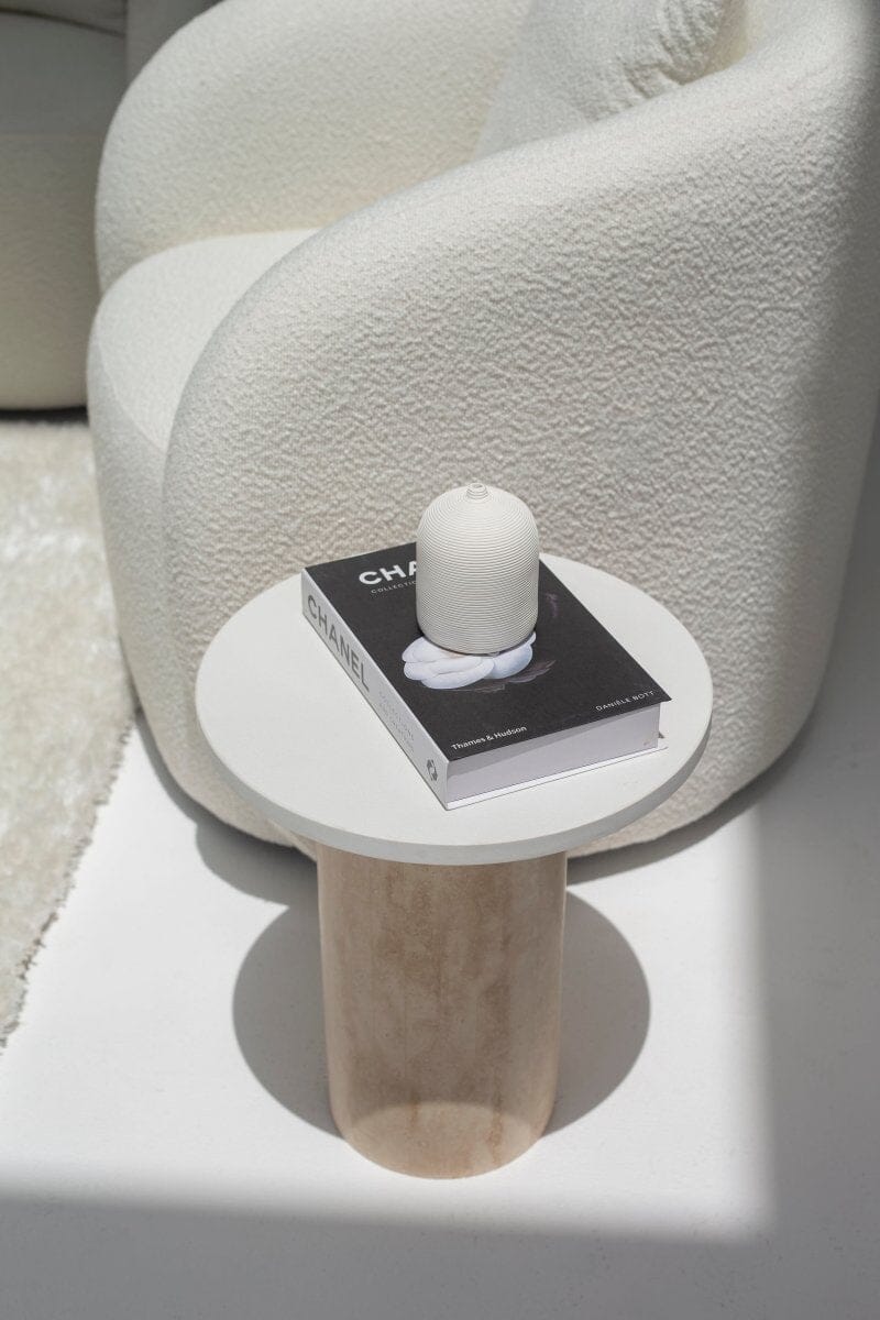 Harriet White Quz Side Table with Travertine Base 