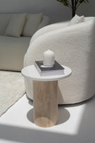 Harriet White Quartz Side Table with Travertine Base MGH 