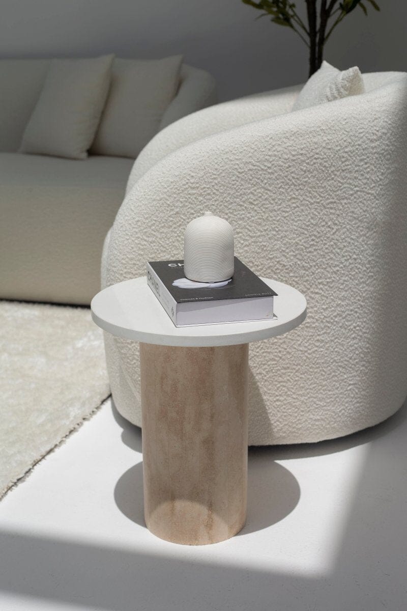 Harriet White Quz Side Table with Travertine Base 