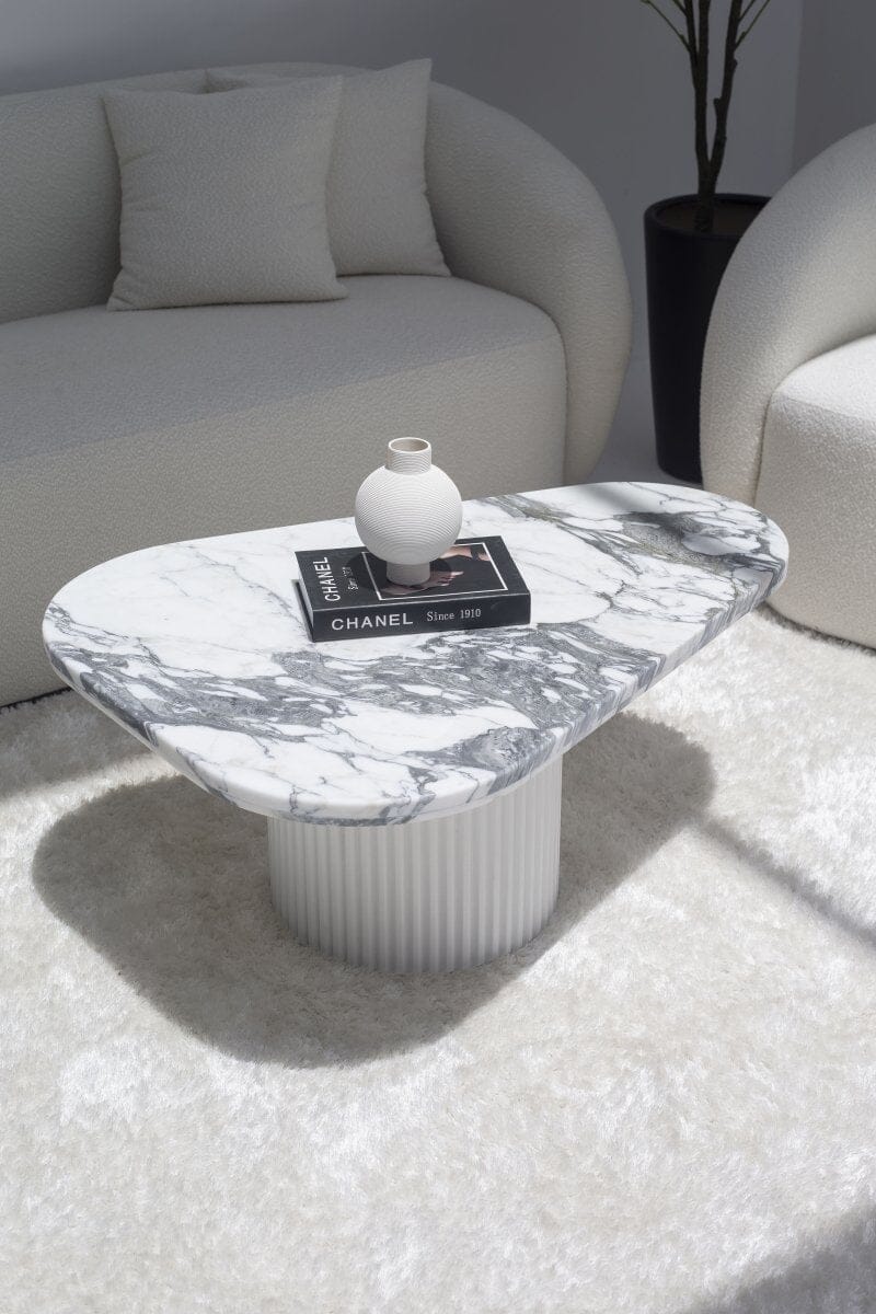 Melita Arabescato Marble Triangle Coffee Table With White Base 