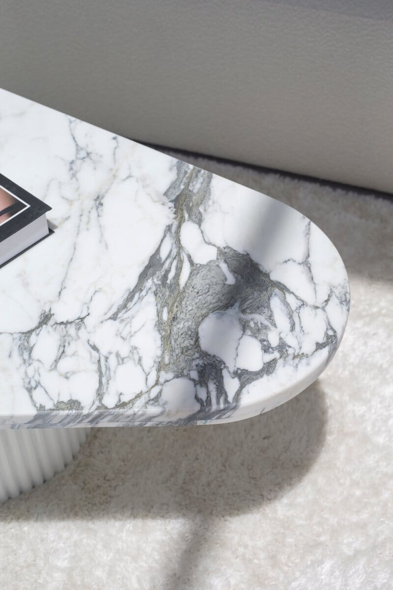 Melita Arabescato Marble Triangle Coffee Table With White Base 