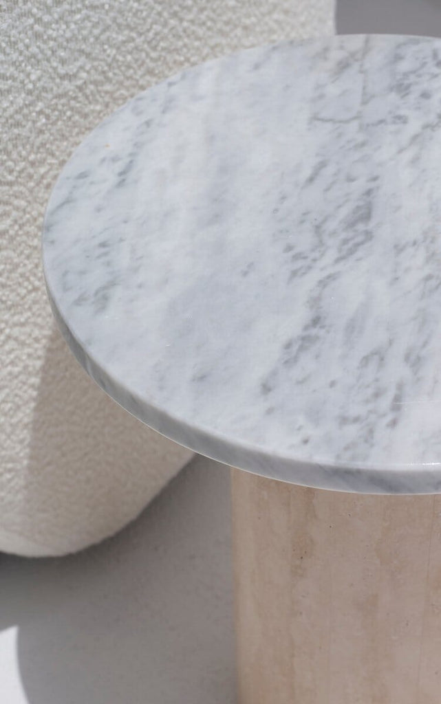 Harriet Carrara Marble Side Table with Travertine Base MGH 