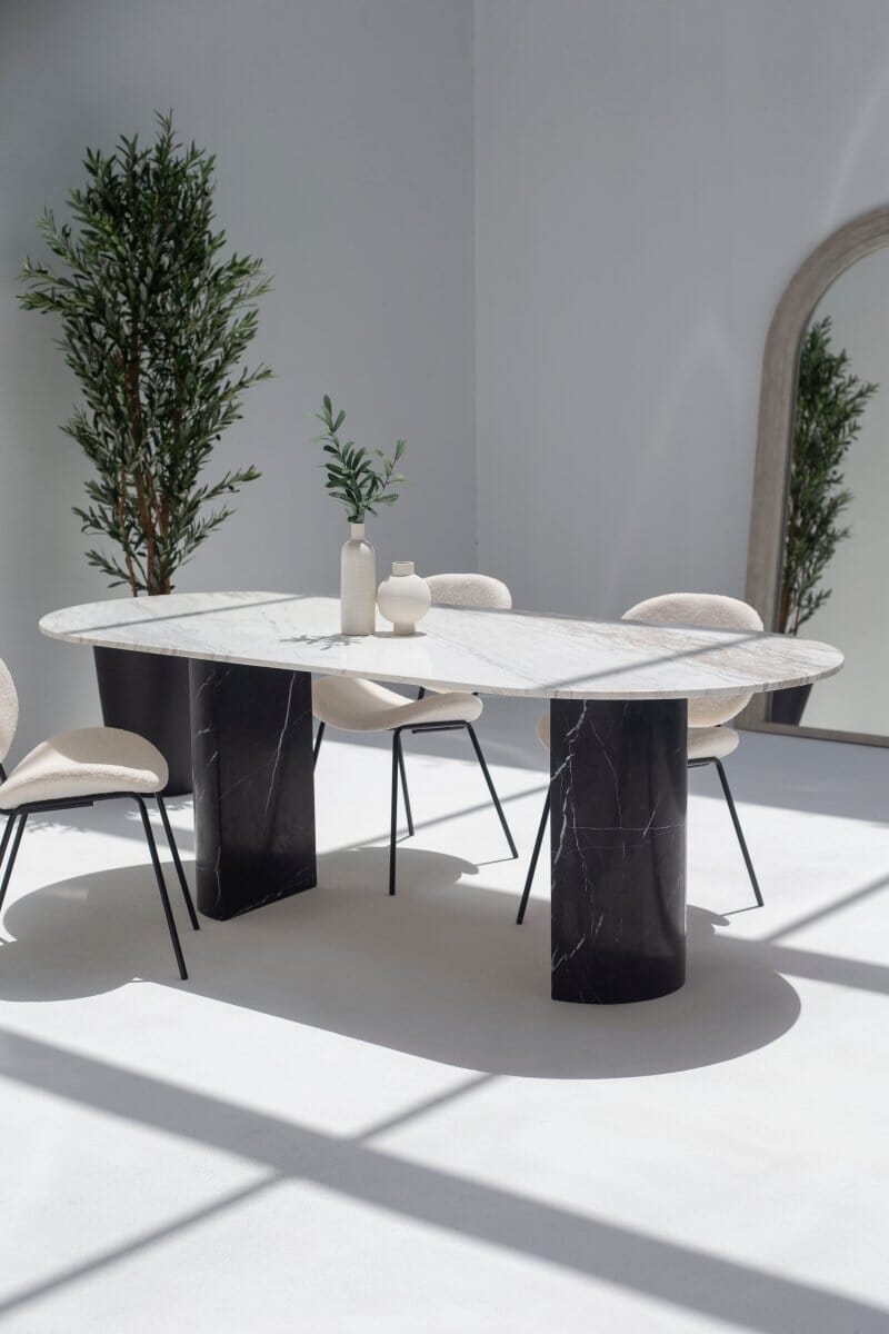 Ayla Greek Calacatta Marble Oval Dining Table With Black Marquina Base (3 Sizes) 