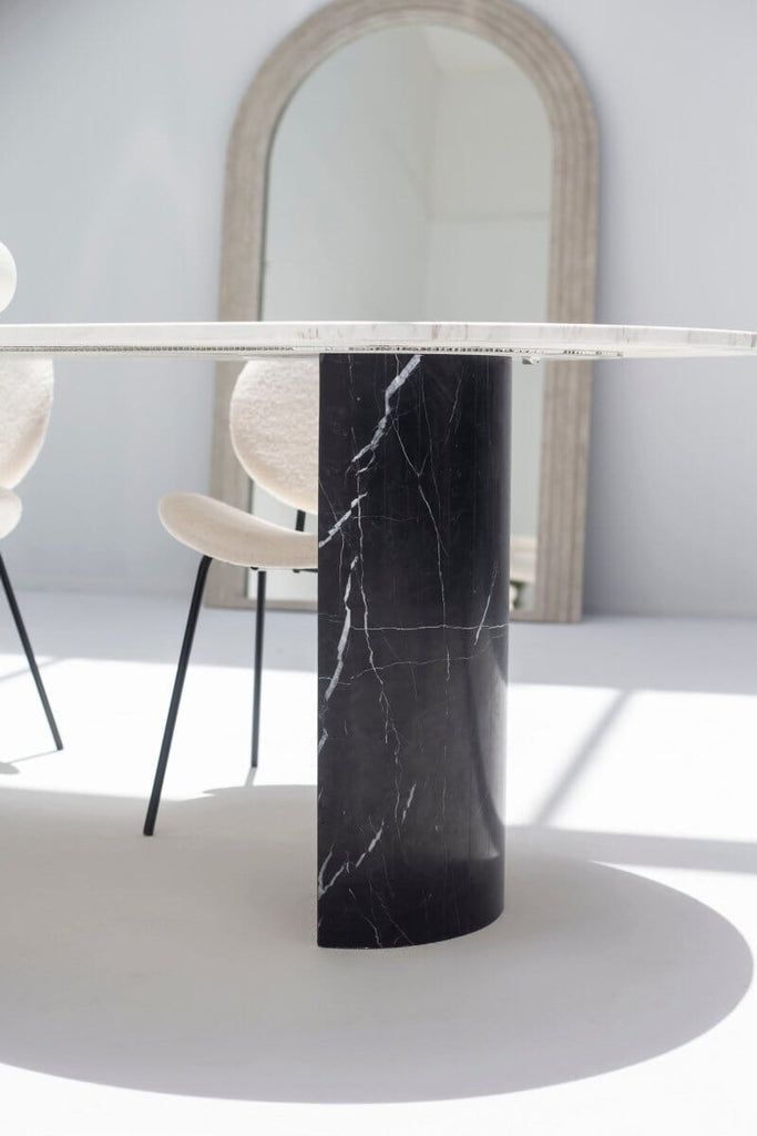 Ayla Greek Calacatta Marble Oval Dining Table With Black Marquina Base (3 Sizes) MGH 