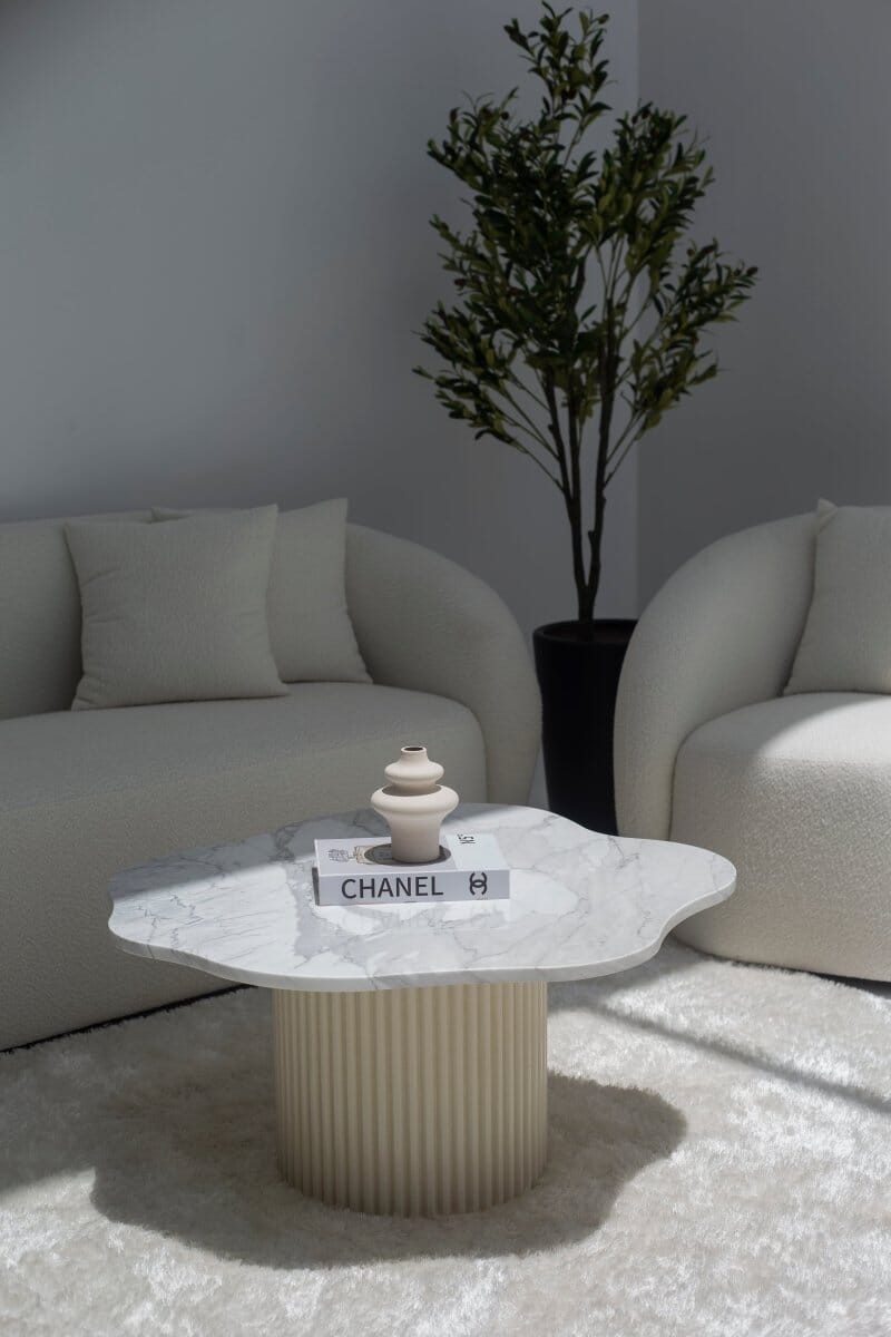 Klytie Statuario Marble Irregular Coffee Table With Beige Base (2 Sizes) 
