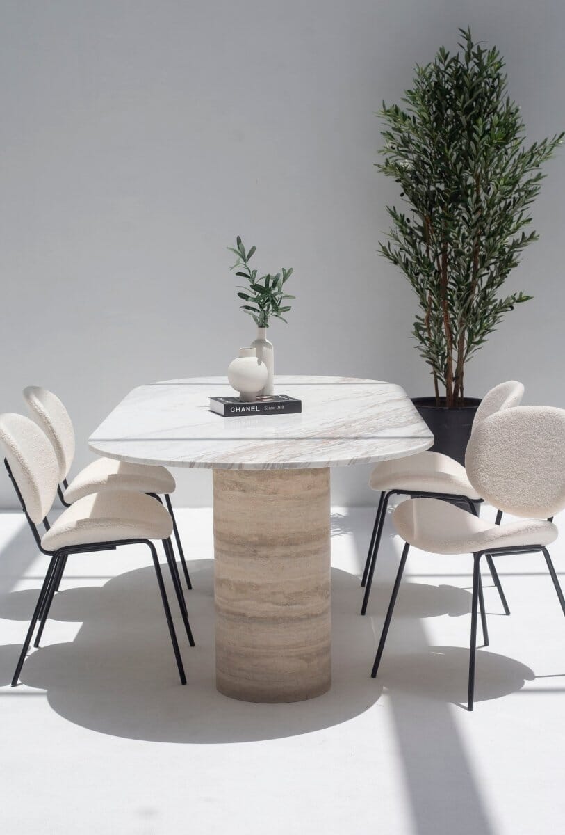 Ayla Greek Calacatta Marble Oval Dining Table With Travertine Base (3 Sizes) MGH 