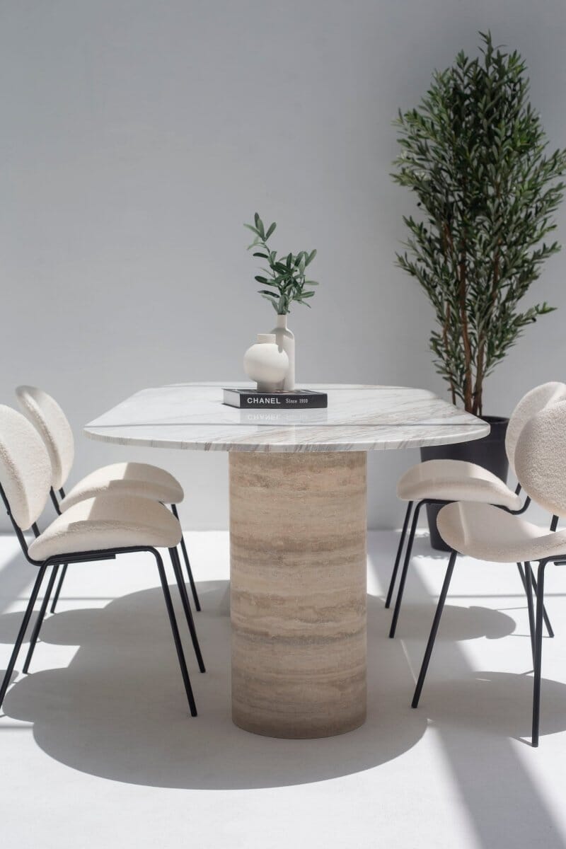 Ayla Greek Calacatta Marble Oval Dining Table With Travertine Base (3 Sizes) 