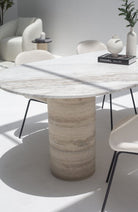 Ayla Greek Calacatta Marble Oval Dining Table With Travertine Base (3 Sizes) MGH 