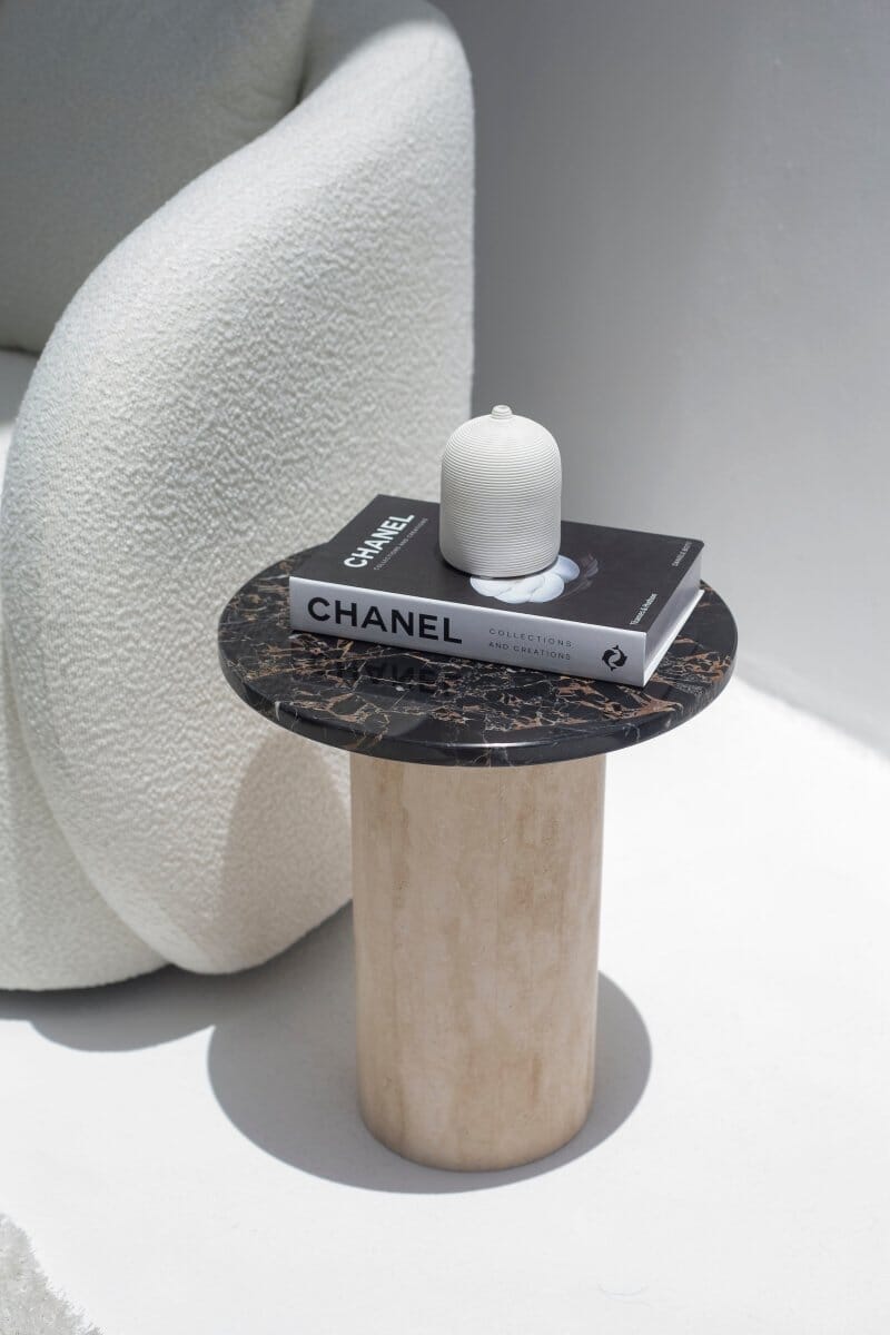 Harriet Black Portoro Marble Side Table with Travertine Base 