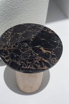 Harriet Black Portoro Marble Side Table with Travertine Base MGH 