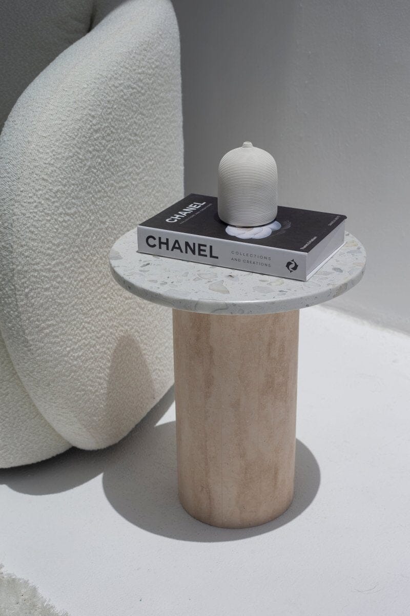Harriet Terrazzo Marble Side Table with Travertine Base Homekode