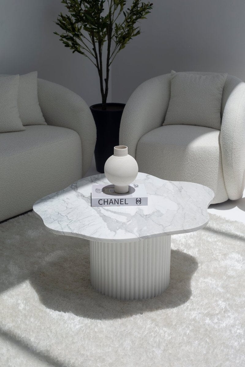 Klytie Statuario Marble Irregular Coffee Table (3 Base Colors) 83CM Length x 77CM Width x 42CM Height White 