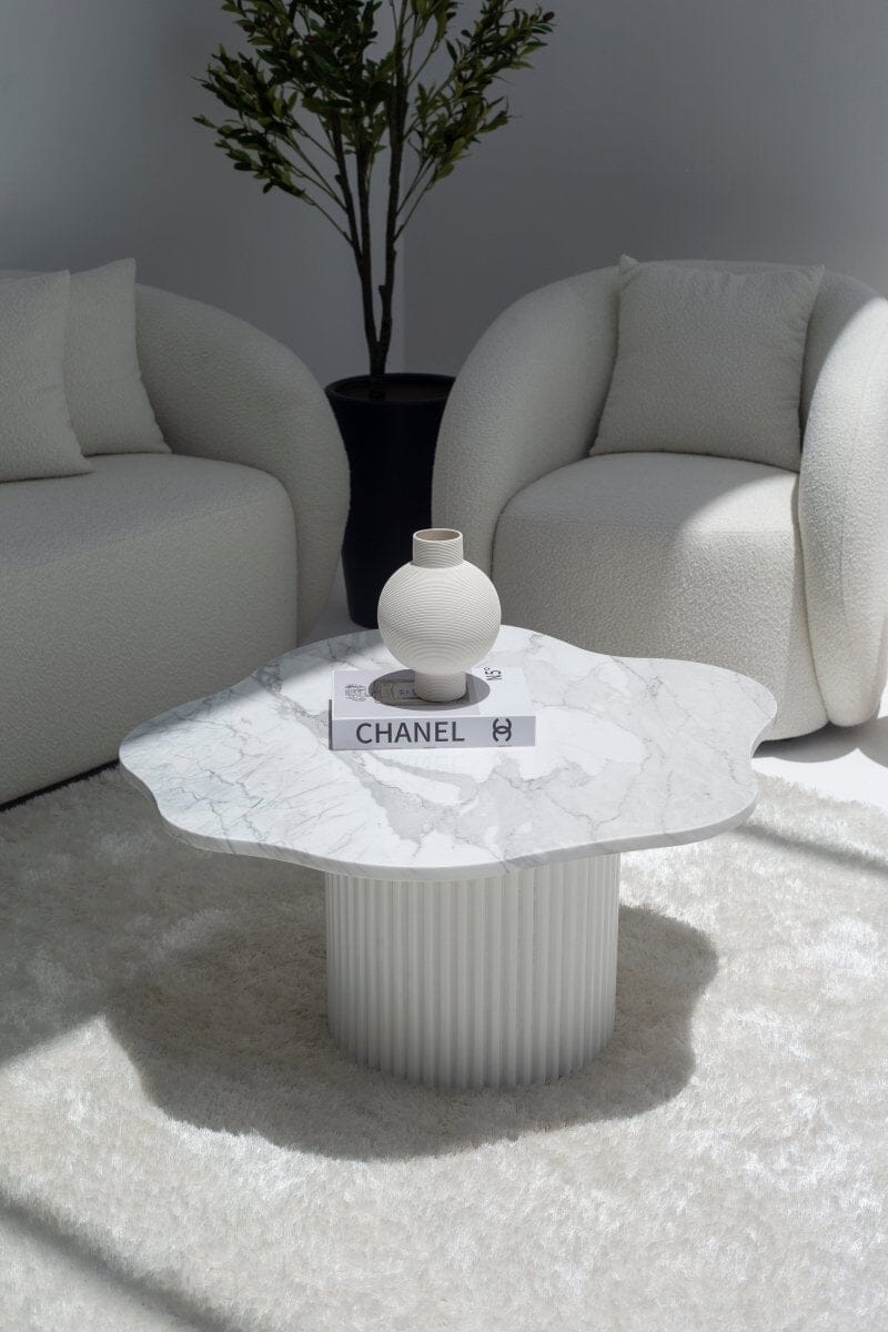 Klytie Statuario Marble Irregular Coffee Table (3 Base Colors) MGH 83CM Length x 77CM Width x 42CM Height White 