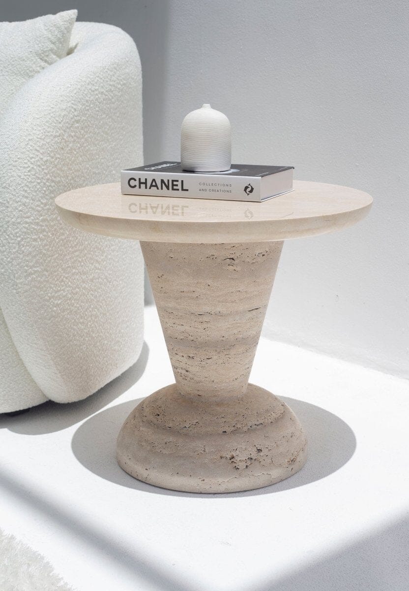 Heather Crema Marble Side Table with Solid Travertine Base 