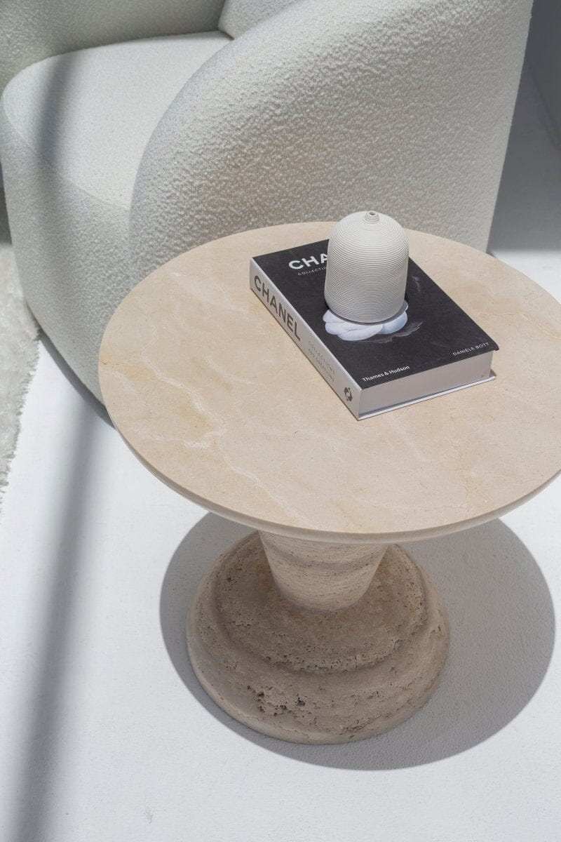 Heather Crema Marble Side Table with Solid Travertine Base 