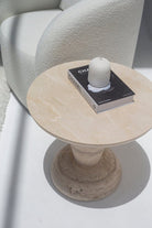 Heather Crema Marble Side Table with Solid Travertine Base MGH 