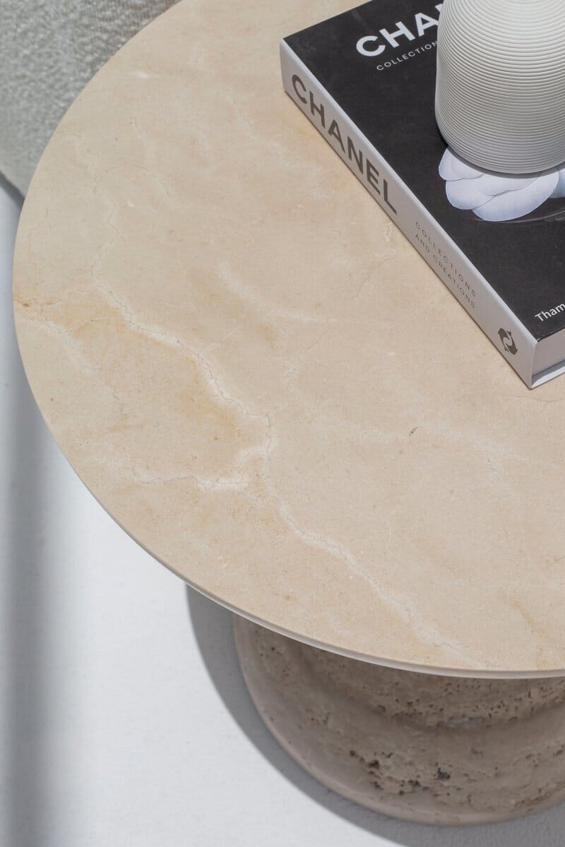 Heather Crema Marble Side Table with Solid Travertine Base 