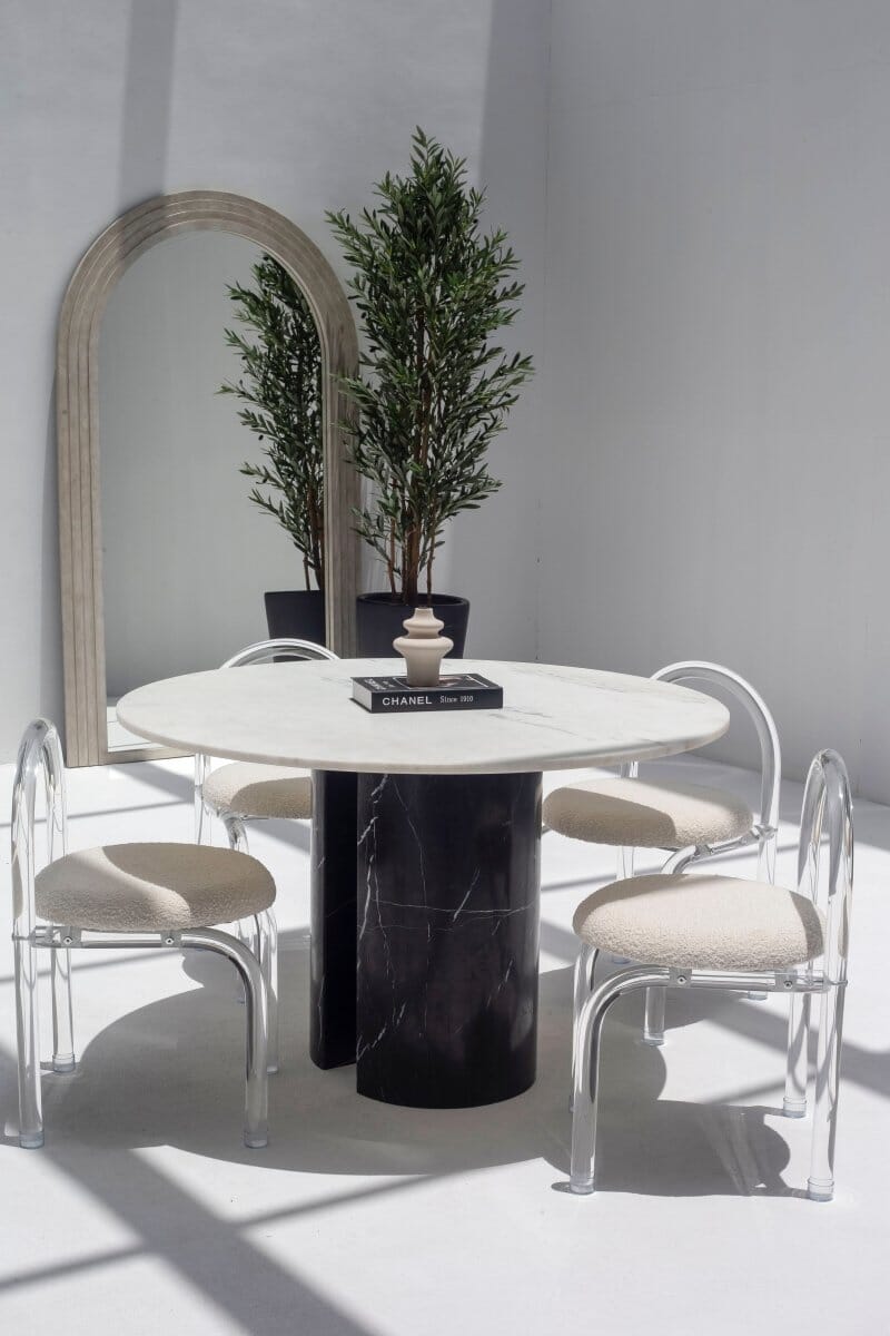 Orithyia White Marble Dining Table With Marquina Base (2 Sizes)