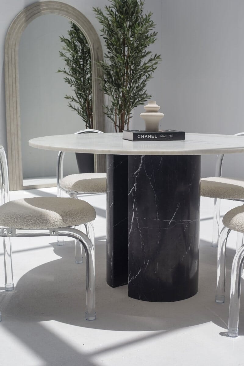 Orithyia White Marble Dining Table With Marquina Base (2 Sizes) MGH 