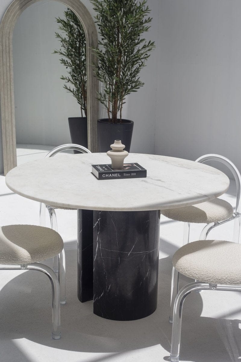 Orithyia White Marble Dining Table With Marquina Base (2 Sizes) 