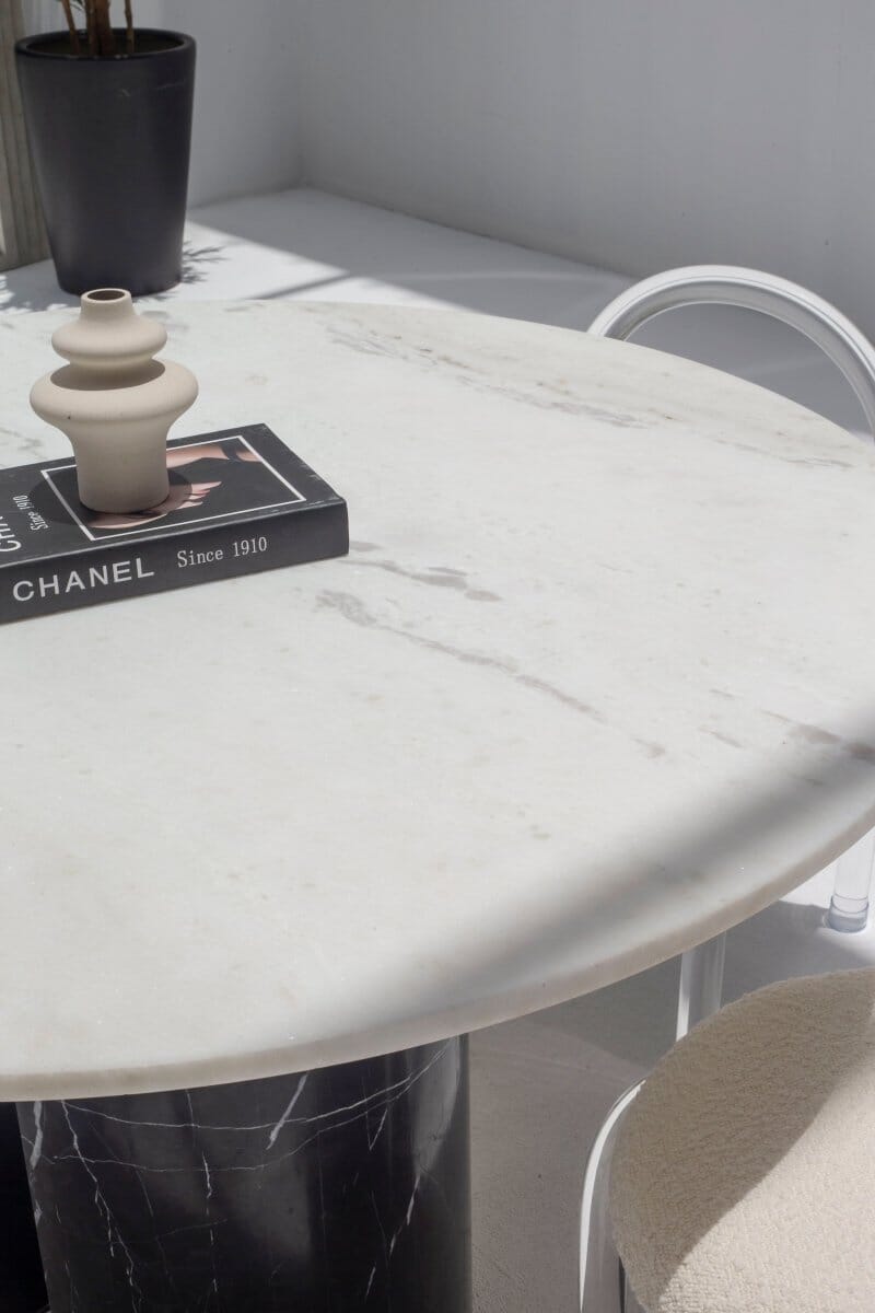 Orithyia White Marble Dining Table With Marquina Base (2 Sizes) 