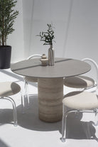 Cynthia Grey Dekton Dining Table with Travertine Base 