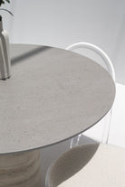 Cynthia Grey Dekton Dining Table with Travertine Base 