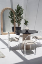 Irene Black Marquina Marble Dining Table with Travertine Base (2 Sizes) 