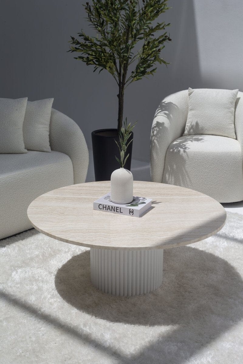 Petronia White Travertine Coffee Table With White Base 