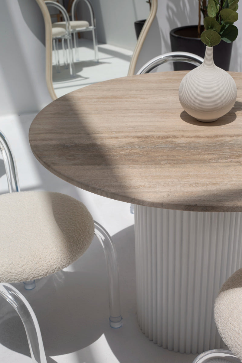 Cornelia Silver Travertine Dining Table with White Base (2 Sizes) 